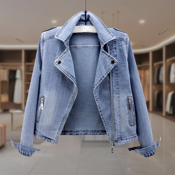 Women's Cropped Denim Moto Jacket | Kendra