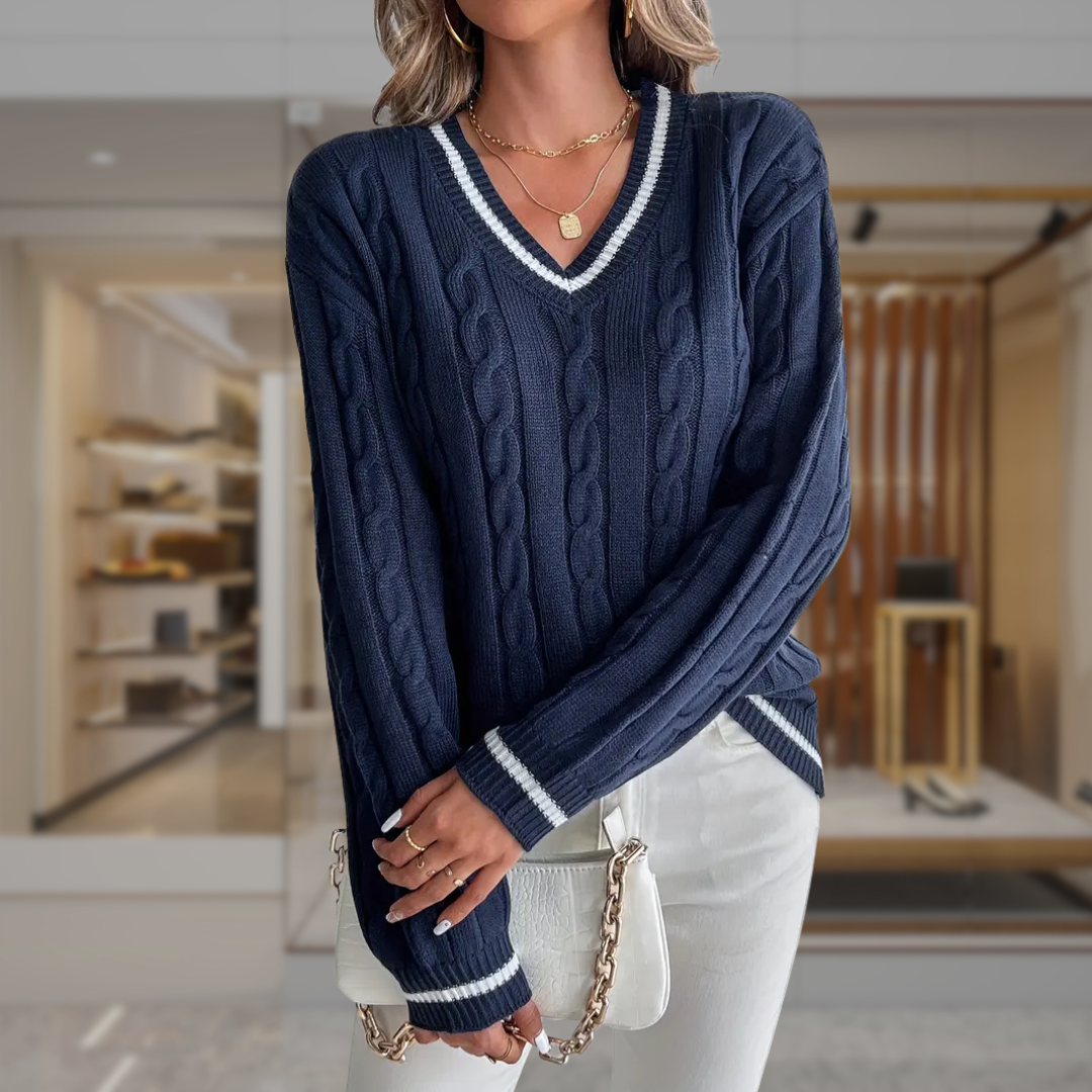 Women’s Cable Knit V Neck Pullover Sweater | Aylin