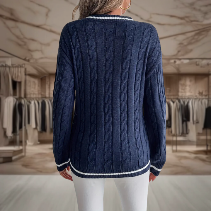 Women’s Cable Knit V Neck Pullover Sweater | Aylin